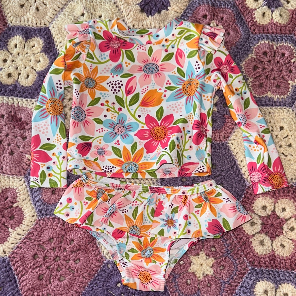 SHEIN Girls Floral Long Sleeve Rashguard Set - Pink Multi